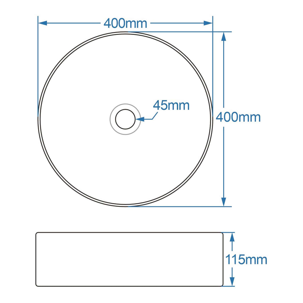 Round bathroom sink basin with 400mm diameter and 45mm drain opening, designed for modern bathroom renovations. Includes dimensions for seamless fitting and installation.