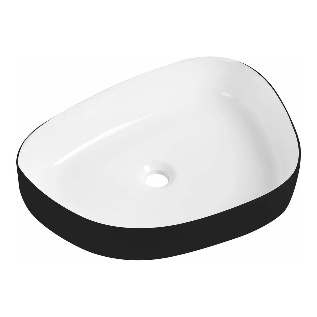 Sleek black and white bathroom sink with modern design, featuring a smooth, matte black exterior and glossy white interior, ideal for contemporary bathroom décors.