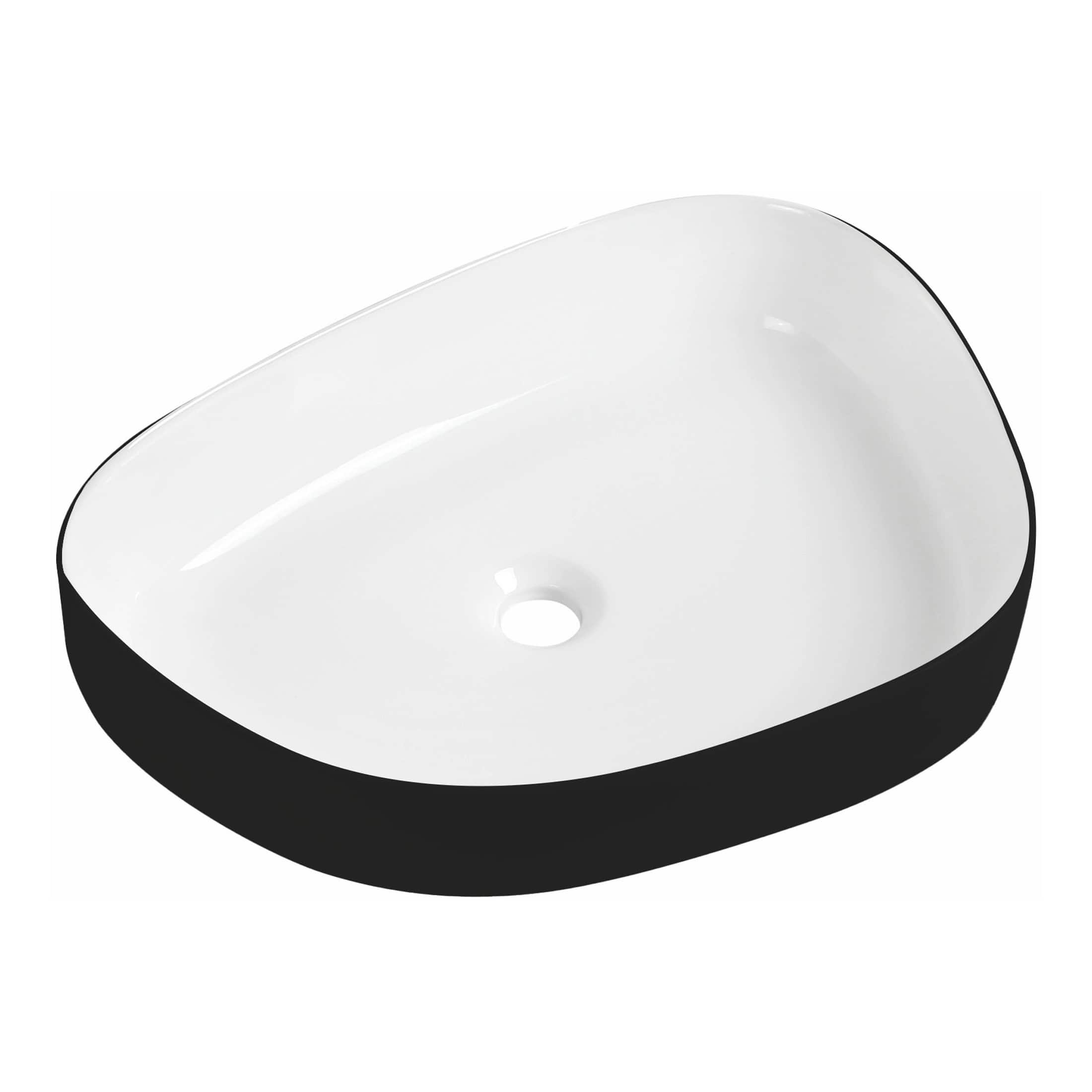 Sleek black and white bathroom sink with modern design, featuring a smooth, matte black exterior and glossy white interior, ideal for contemporary bathroom décors.