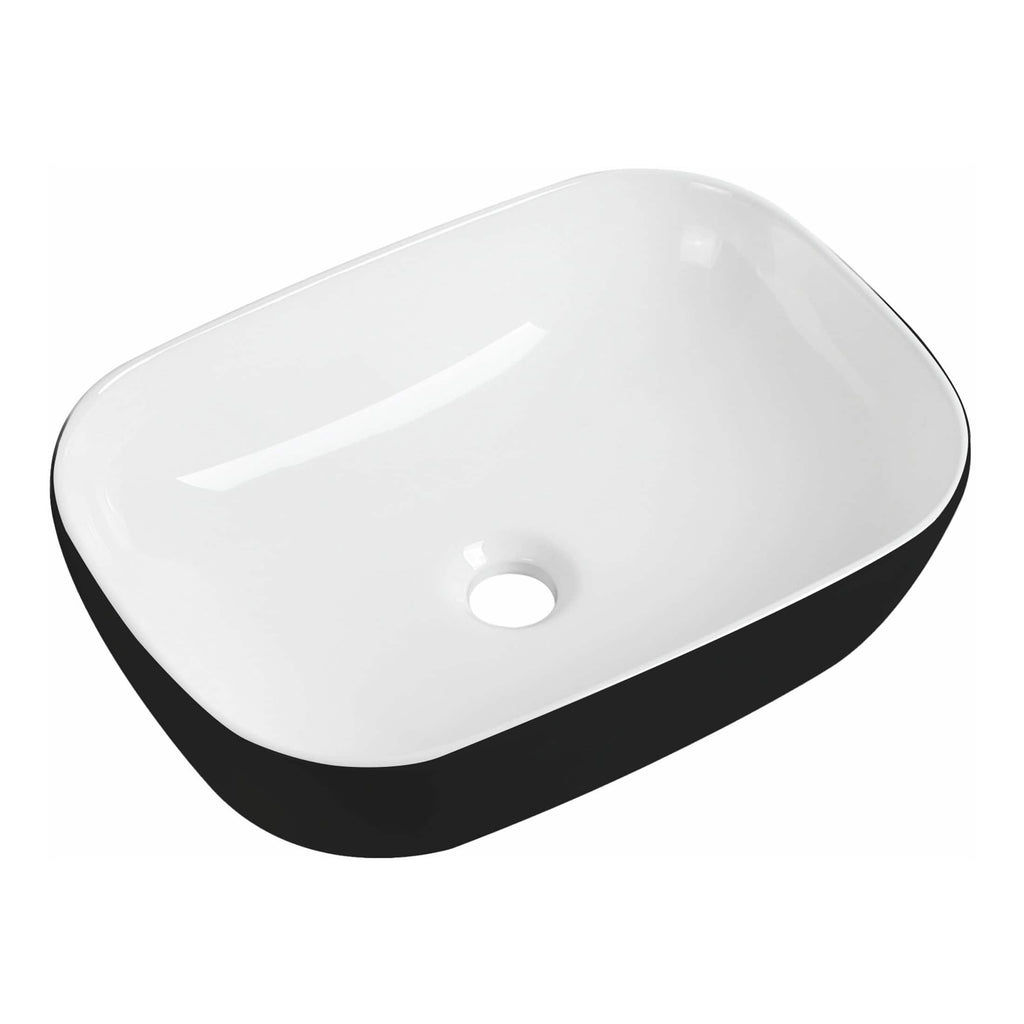 Sleek black and white rectangular bathroom sink with smooth, modern design perfect for contemporary bathrooms. Durable ceramic construction with a central drain hole.