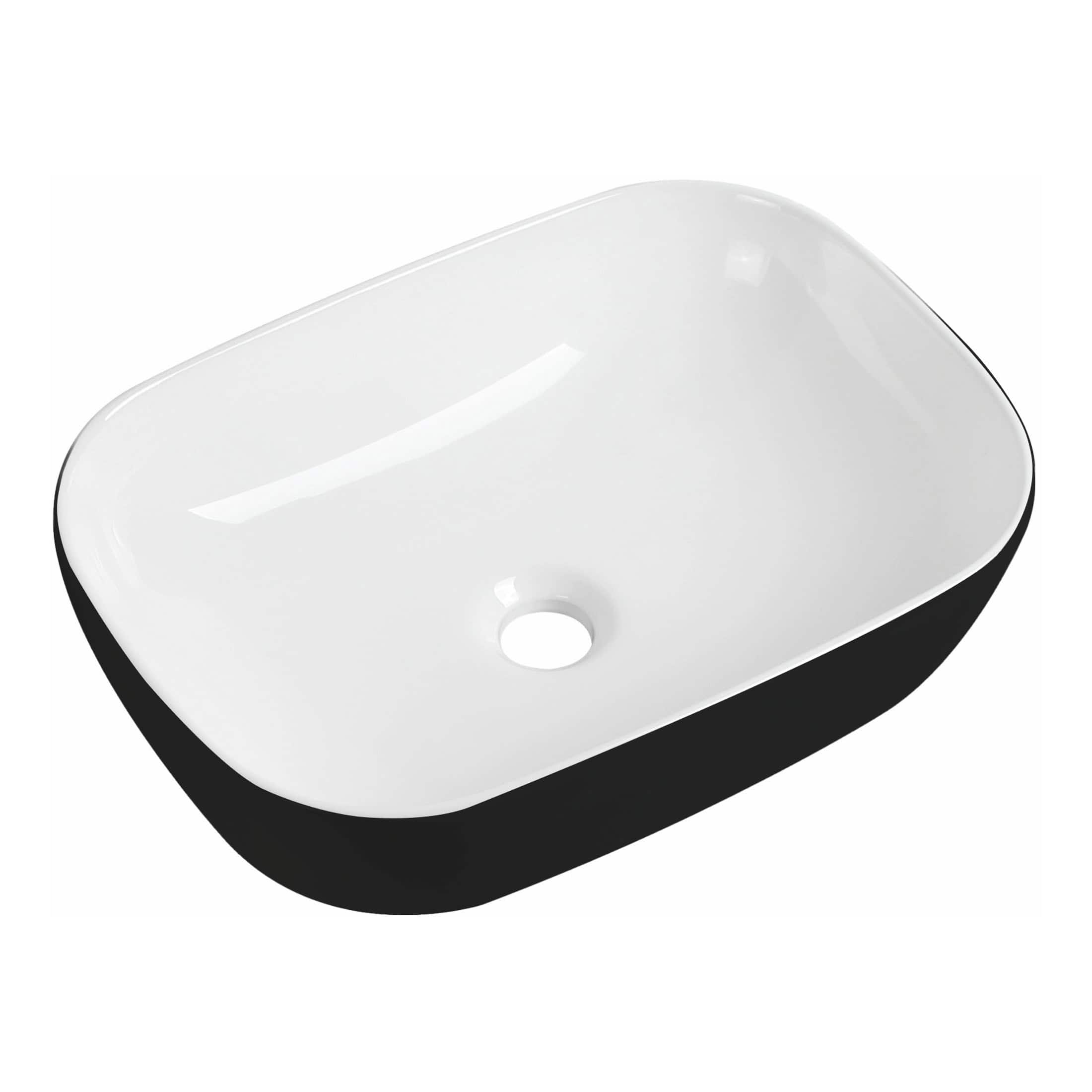 Sleek black and white rectangular bathroom sink with smooth, modern design perfect for contemporary bathrooms. Durable ceramic construction with a central drain hole.