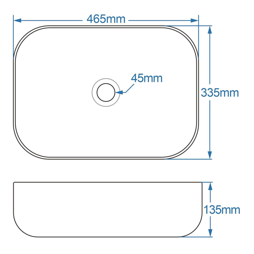 Smooth white bathroom sink with detailed size measurements and central drain hole for modern sink installation.