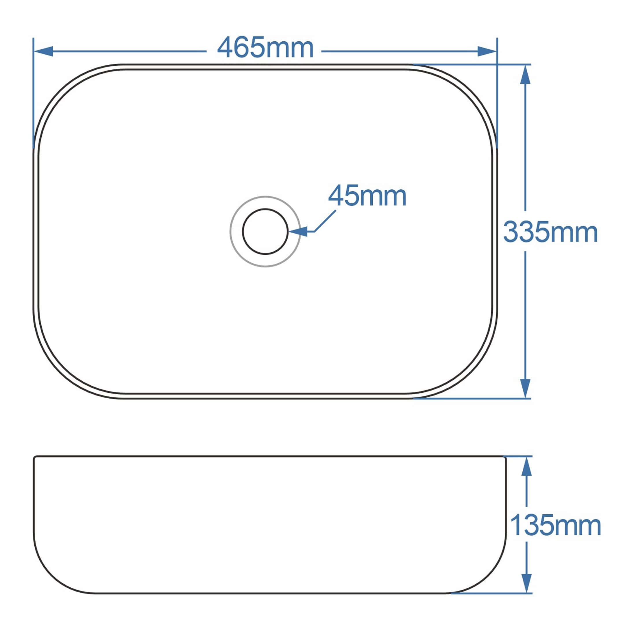 Smooth white bathroom sink with detailed size measurements and central drain hole for modern sink installation.