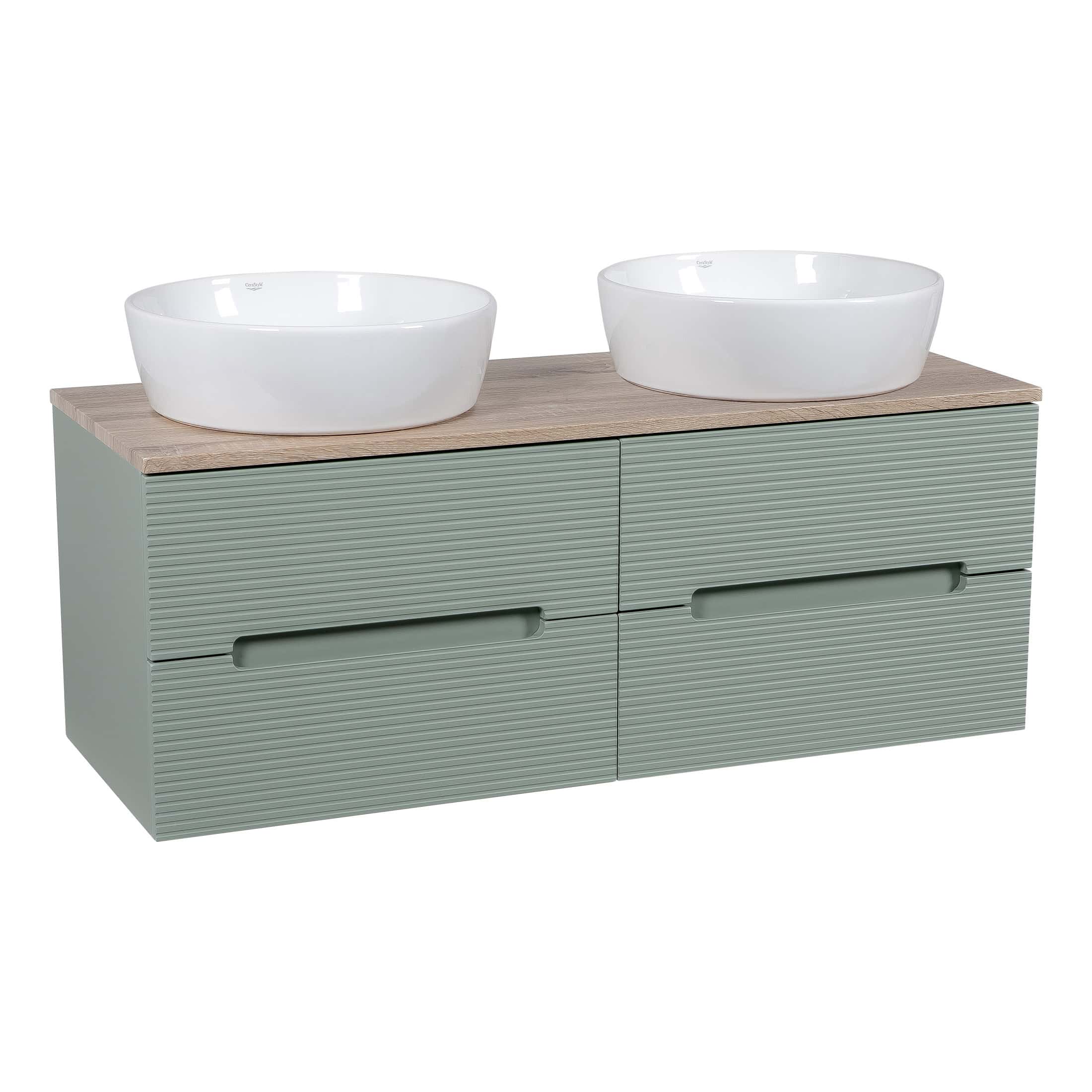 Sleek grey bathroom vanity with ribbed drawer fronts and a natural wood top featuring two modern white vessel sinks, ideal for contemporary bathroom designs.
