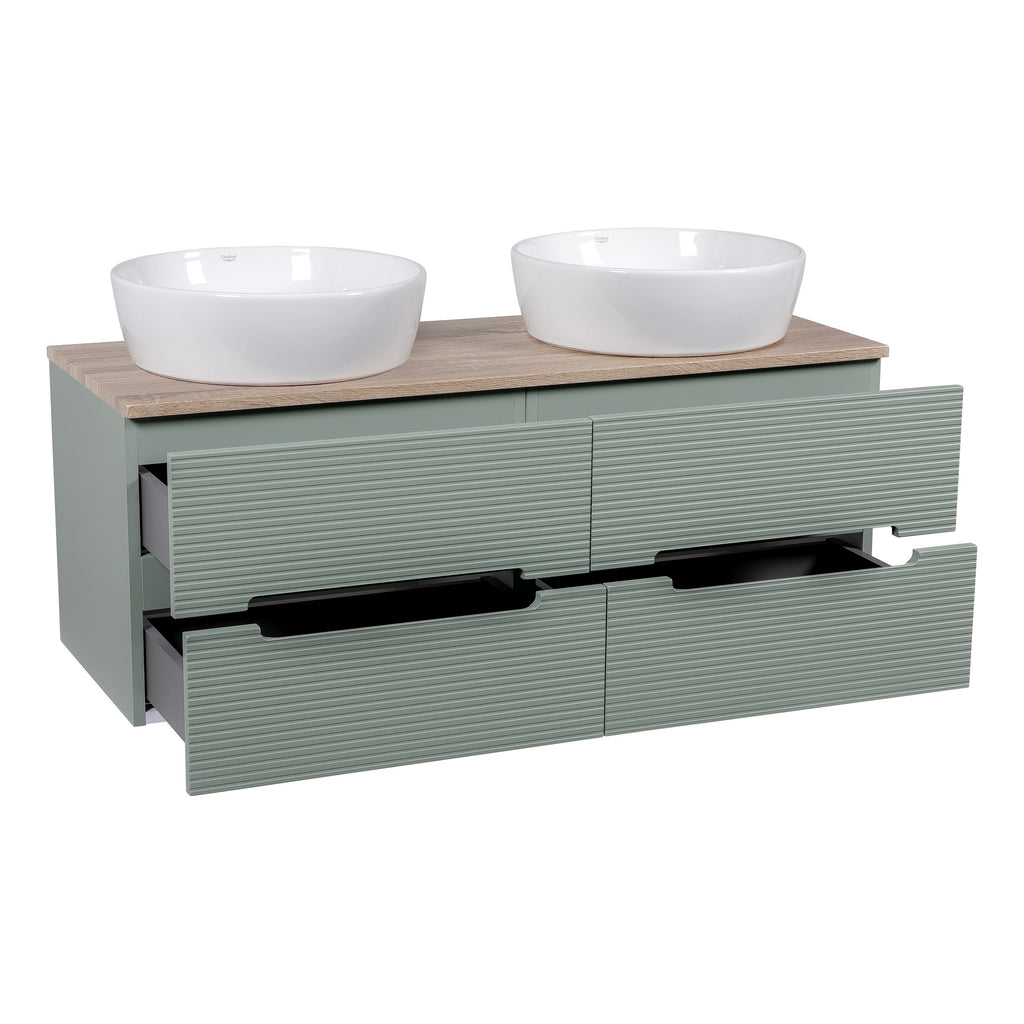 Sustainable modern bathroom vanity with two white vessel sinks and grey textured drawers, perfect for contemporary bathroom design in the UK.
