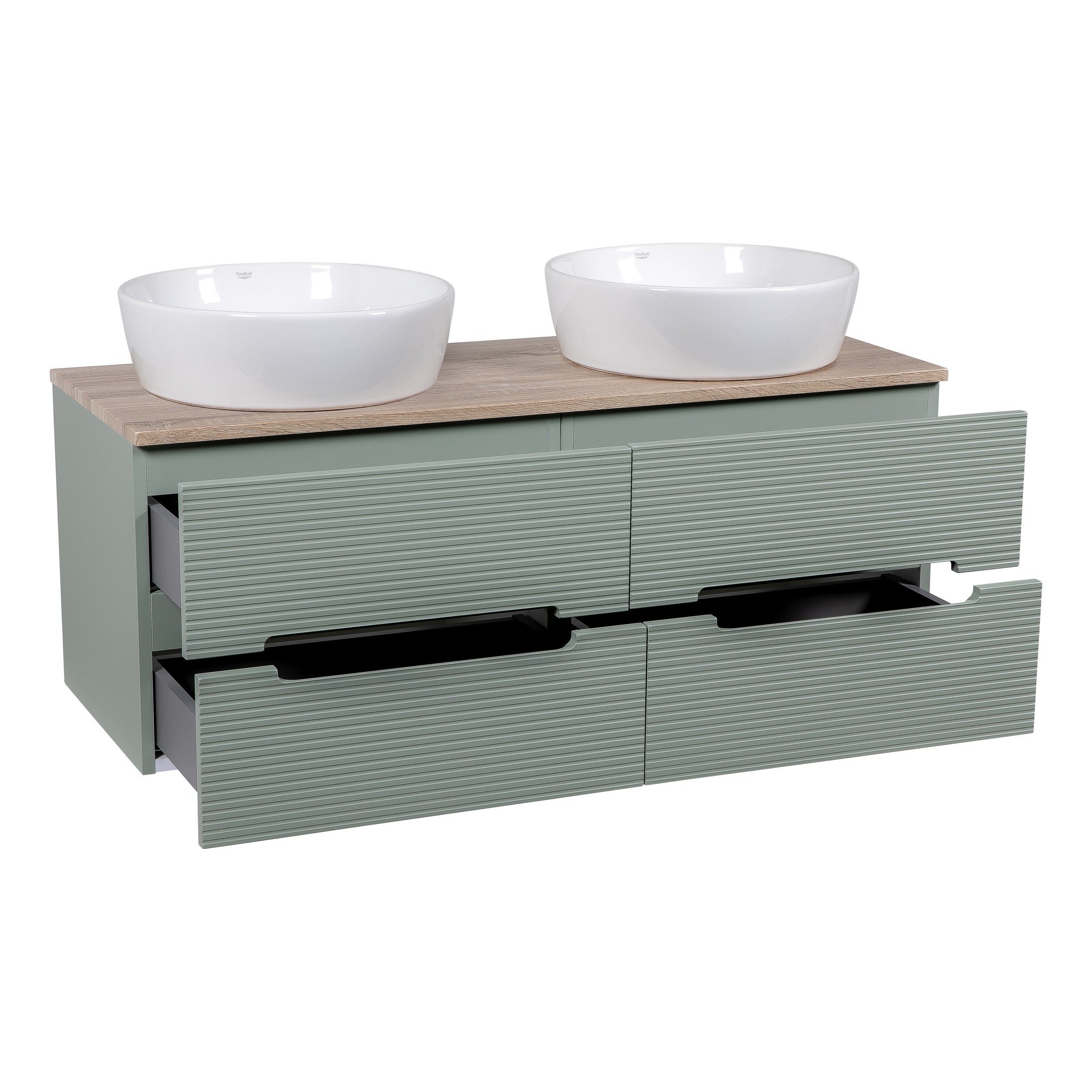 Sustainable modern bathroom vanity with two white vessel sinks and grey textured drawers, perfect for contemporary bathroom design in the UK.