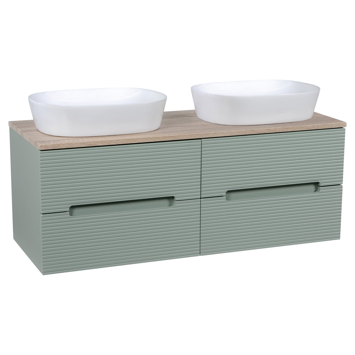 Tailored Monza Plus Fluted 4 Drawer Double Wall Hung Vanity With Counter Top - 1210mm Wide - Aloe Green/Country Oak - view 1