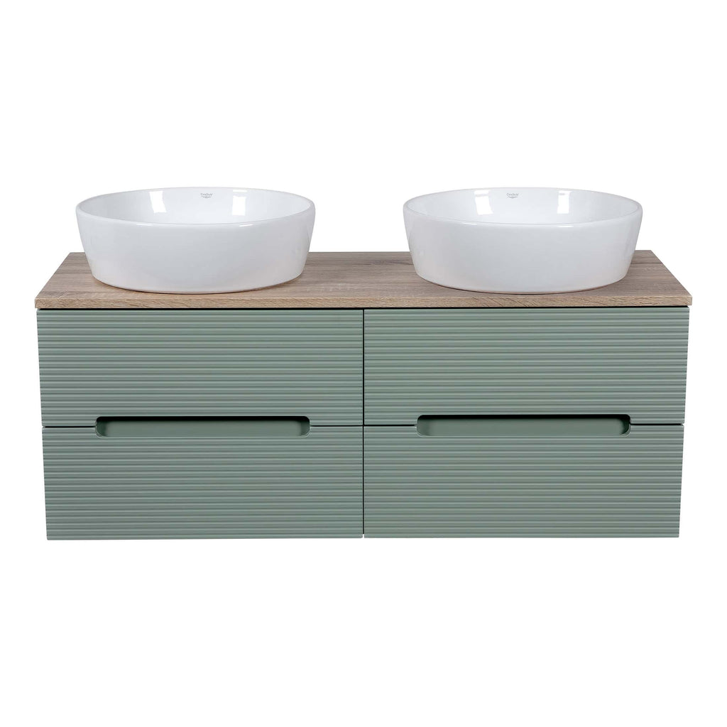 Sleek double bathroom vanity unit with two modern ceramic washbasins, wooden countertop, and stylish grey textured drawers, perfect for contemporary bathroom decor.