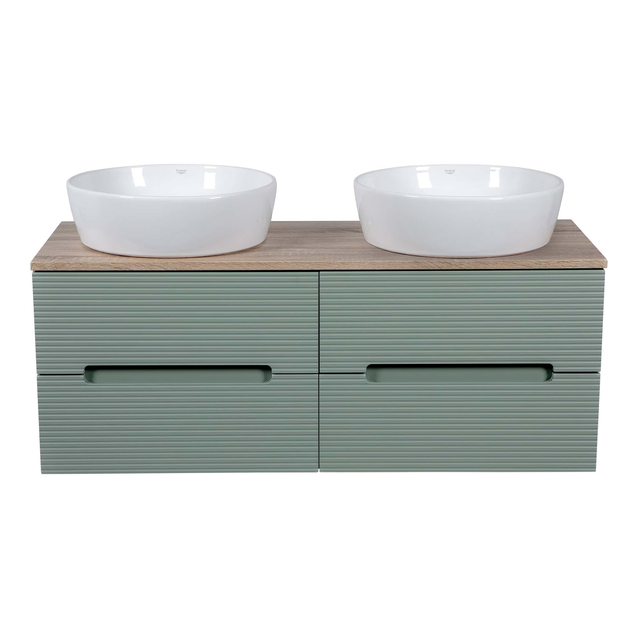 Sleek double bathroom vanity unit with two modern ceramic washbasins, wooden countertop, and stylish grey textured drawers, perfect for contemporary bathroom decor.