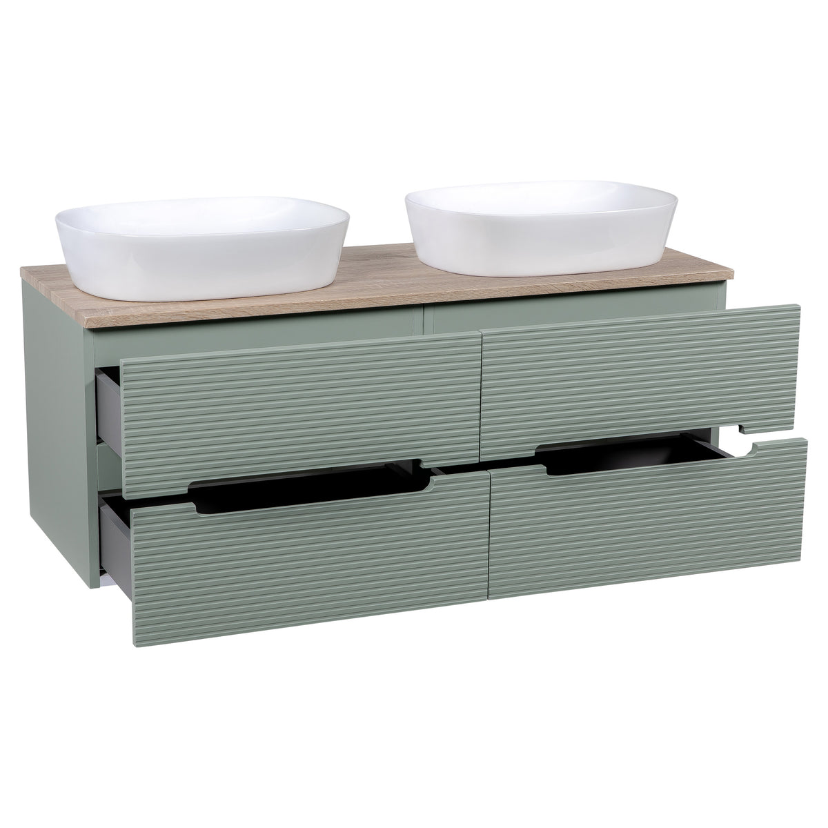 Tailored Monza Plus Fluted 4 Drawer Double Wall Hung Vanity With Counter Top - 1210mm Wide - Aloe Green/Country Oak - view 2