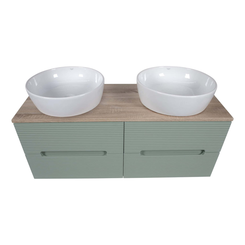Modern double bathroom vanity with twin white ceramic sinks, wooden countertop, and sleek green drawers ideal for contemporary bathroom settings.