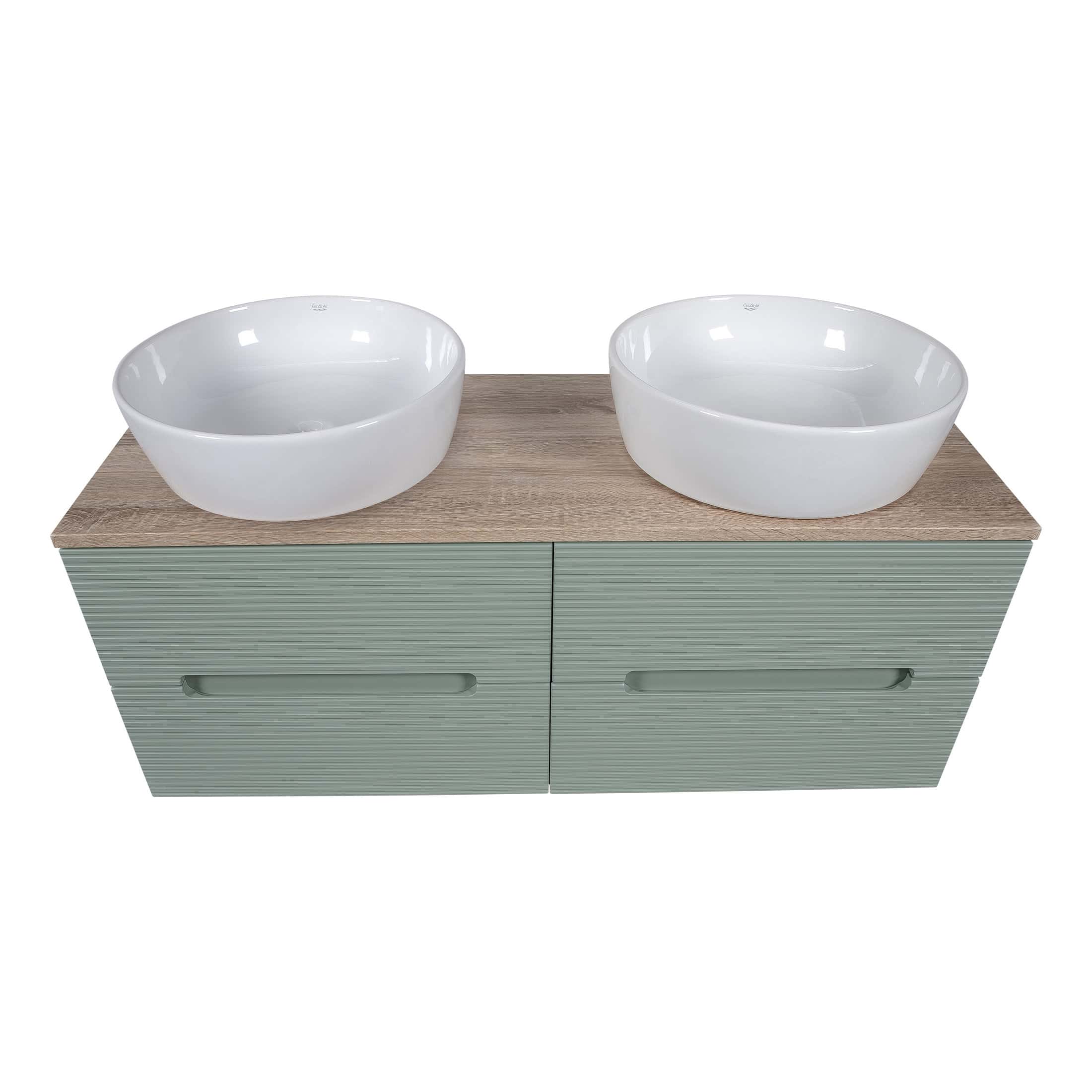 Modern double bathroom vanity with twin white ceramic sinks, wooden countertop, and sleek green drawers ideal for contemporary bathroom settings.