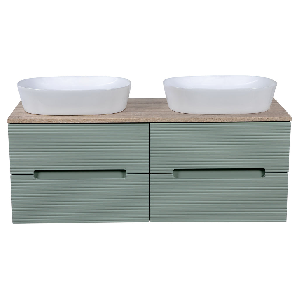 Tailored Monza Plus Fluted 4 Drawer Double Wall Hung Vanity With Counter Top - 1210mm Wide - Aloe Green/Country Oak - view 3