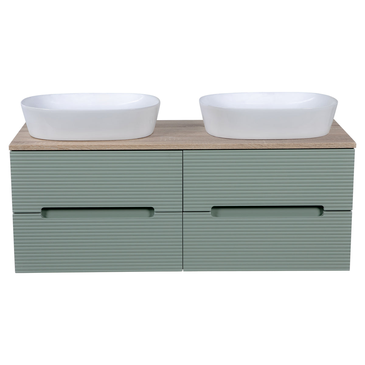 Tailored Monza Plus Fluted 4 Drawer Double Wall Hung Vanity With Counter Top - 1210mm Wide - Aloe Green/Country Oak - view 3