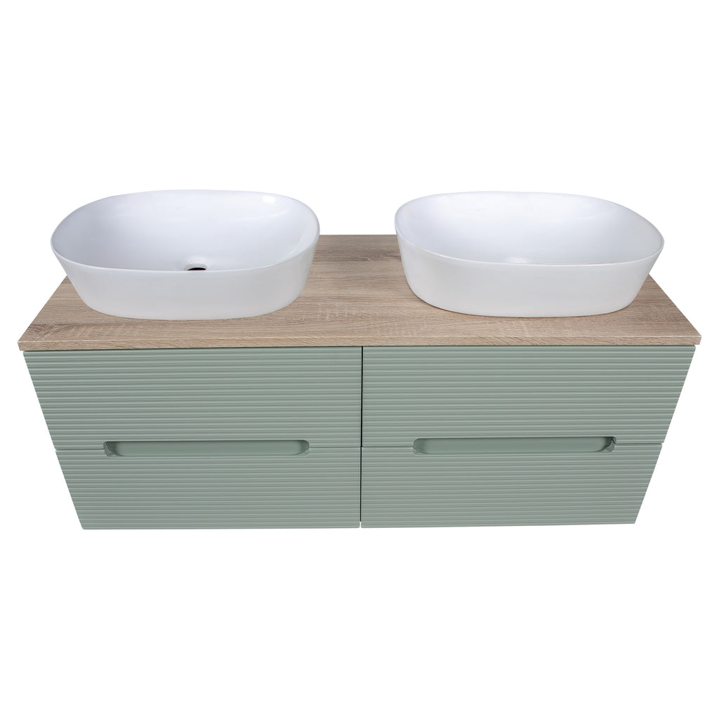 Tailored Monza Plus Fluted 4 Drawer Double Wall Hung Vanity With Counter Top - 1210mm Wide - Aloe Green/Country Oak - view 4