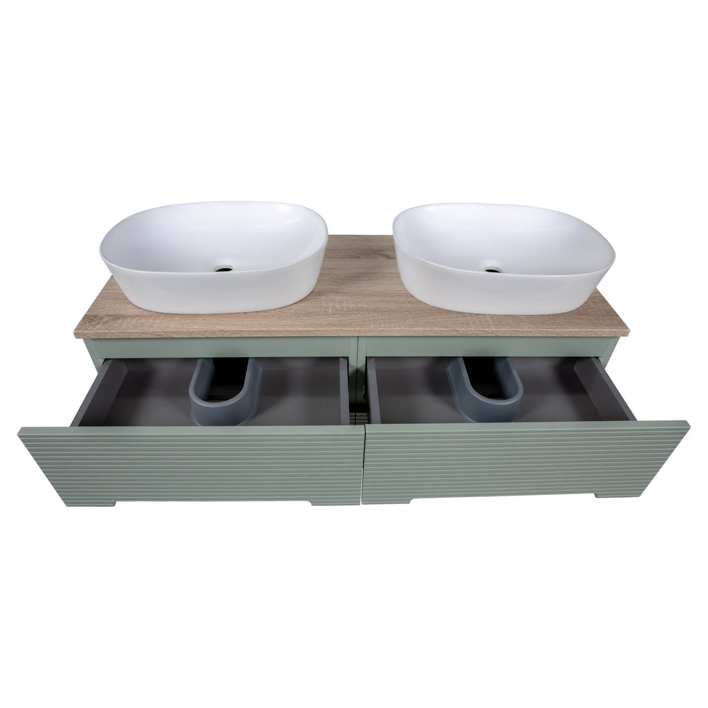 Tailored Monza Plus Fluted 4 Drawer Double Wall Hung Vanity With Counter Top - 1210mm Wide - Aloe Green/Country Oak - view 5