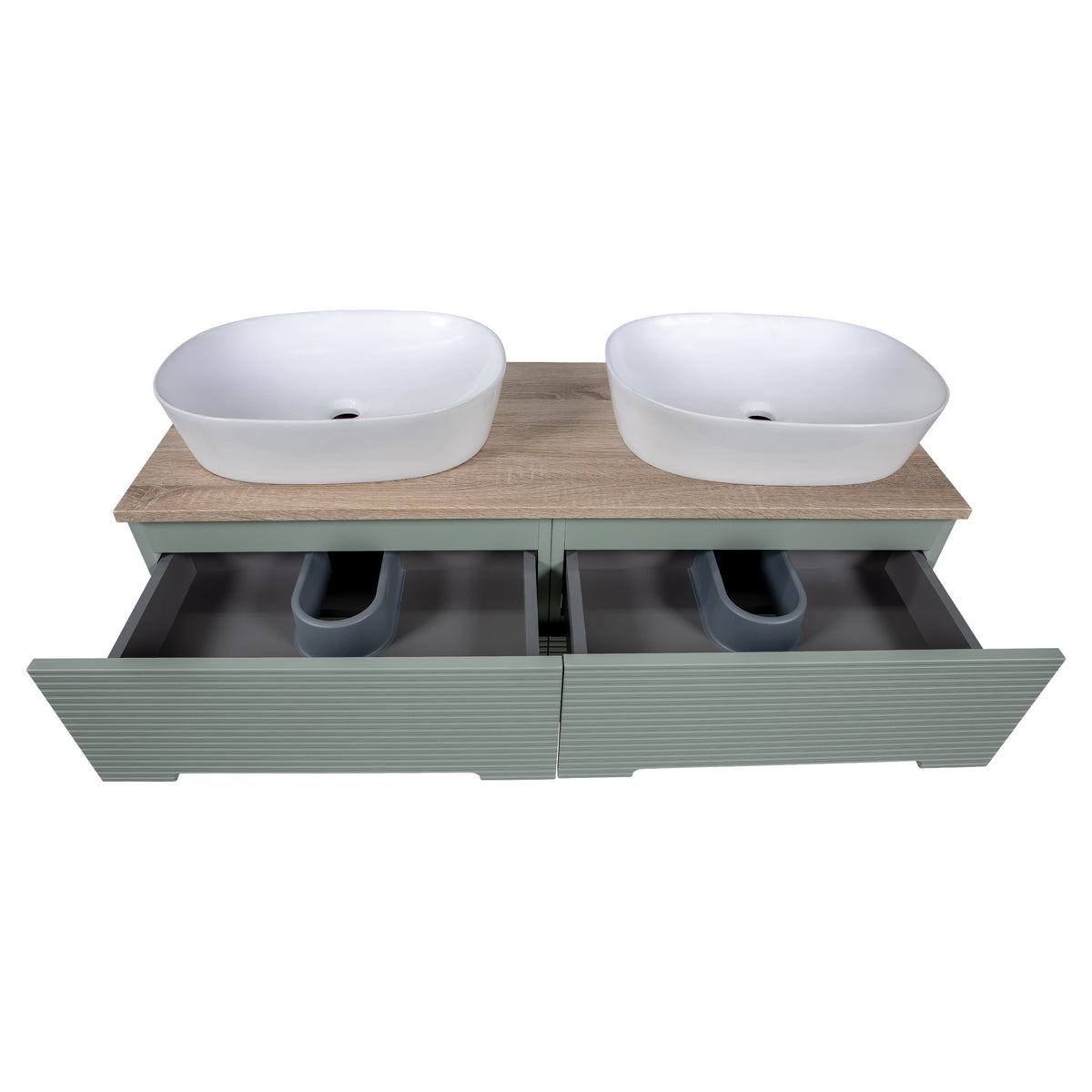 Tailored Monza Plus Fluted 4 Drawer Double Wall Hung Vanity With Counter Top - 1210mm Wide - Aloe Green/Country Oak - view 5