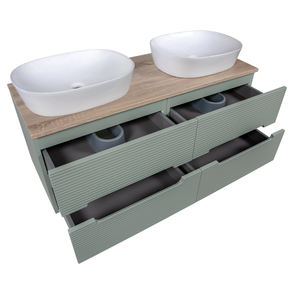 Tailored Monza Plus Fluted 4 Drawer Double Wall Hung Vanity With Counter Top - 1210mm Wide - Aloe Green/Country Oak - view 6