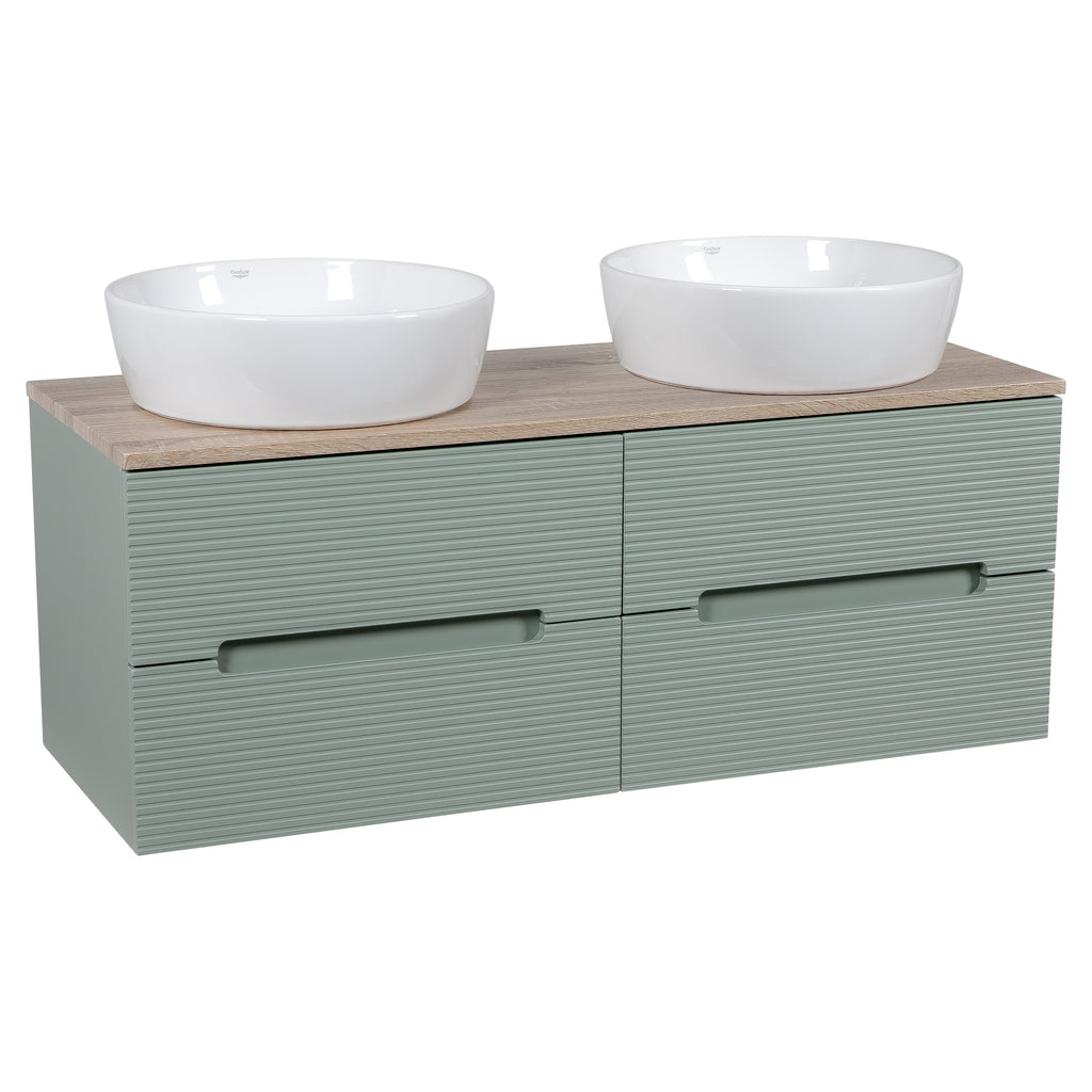 Tailored Monza Plus Fluted 4 Drawer Double Wall Hung Vanity With Counter Top - 1210mm Wide - Aloe Green/Country Oak - view 7