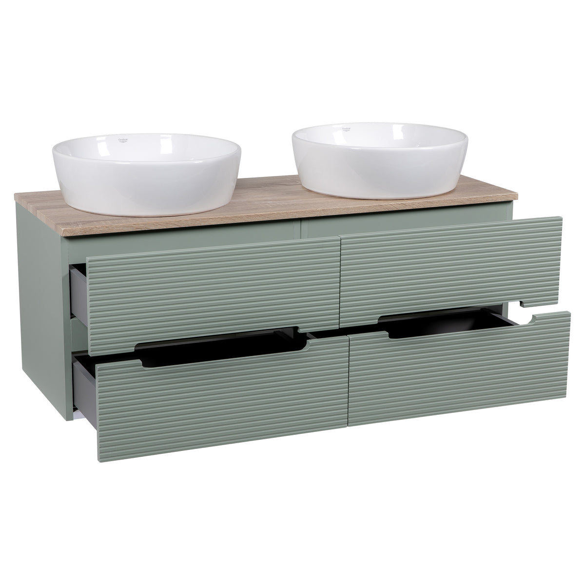 Tailored Monza Plus Fluted 4 Drawer Double Wall Hung Vanity With Counter Top - 1210mm Wide - Aloe Green/Country Oak - view 8