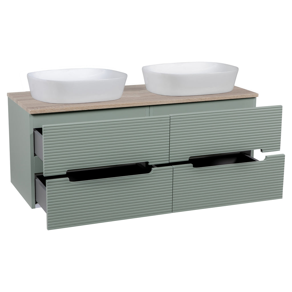 Tailored Monza Plus Fluted 4 Drawer Double Wall Hung Vanity With Counter Top - 1210mm Wide - Aloe Green/Country Oak