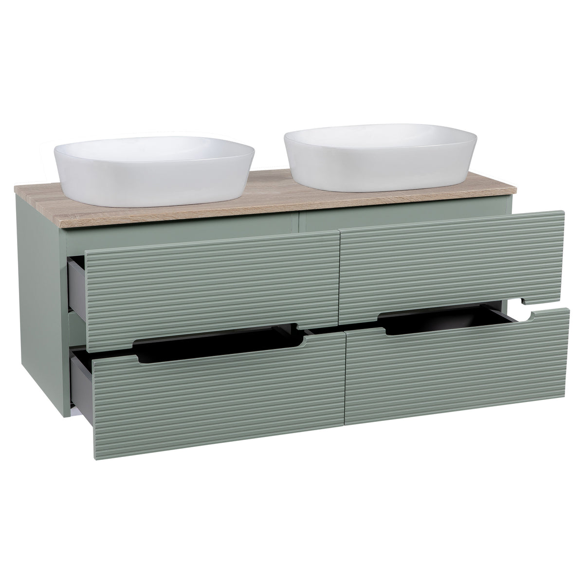Tailored Monza Plus Fluted 4 Drawer Double Wall Hung Vanity With Counter Top - 1210mm Wide - Aloe Green/Country Oak