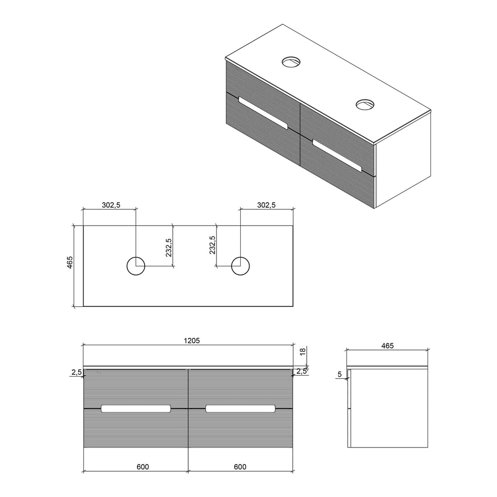 Contemporary bathroom vanity unit with dual drawers and cut-out handles, designed for modern bathrooms with sleek, minimalist style. Includes technical schematic with precise measurements.