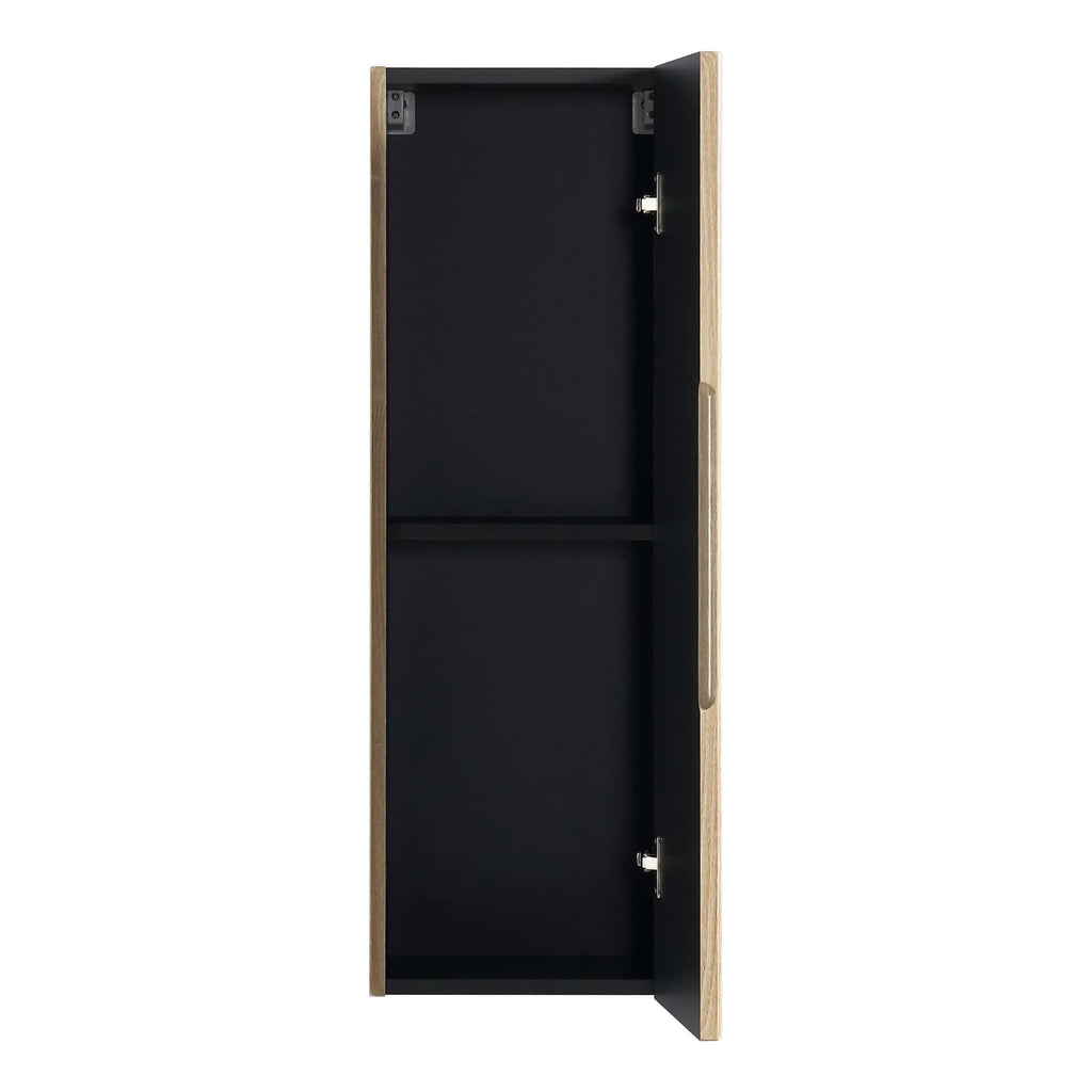 Sleek black bathroom storage cabinet with natural wood accents, ideal for modern bathroom organisation and space-saving solutions. Perfect for storing toiletries and accessories in style.