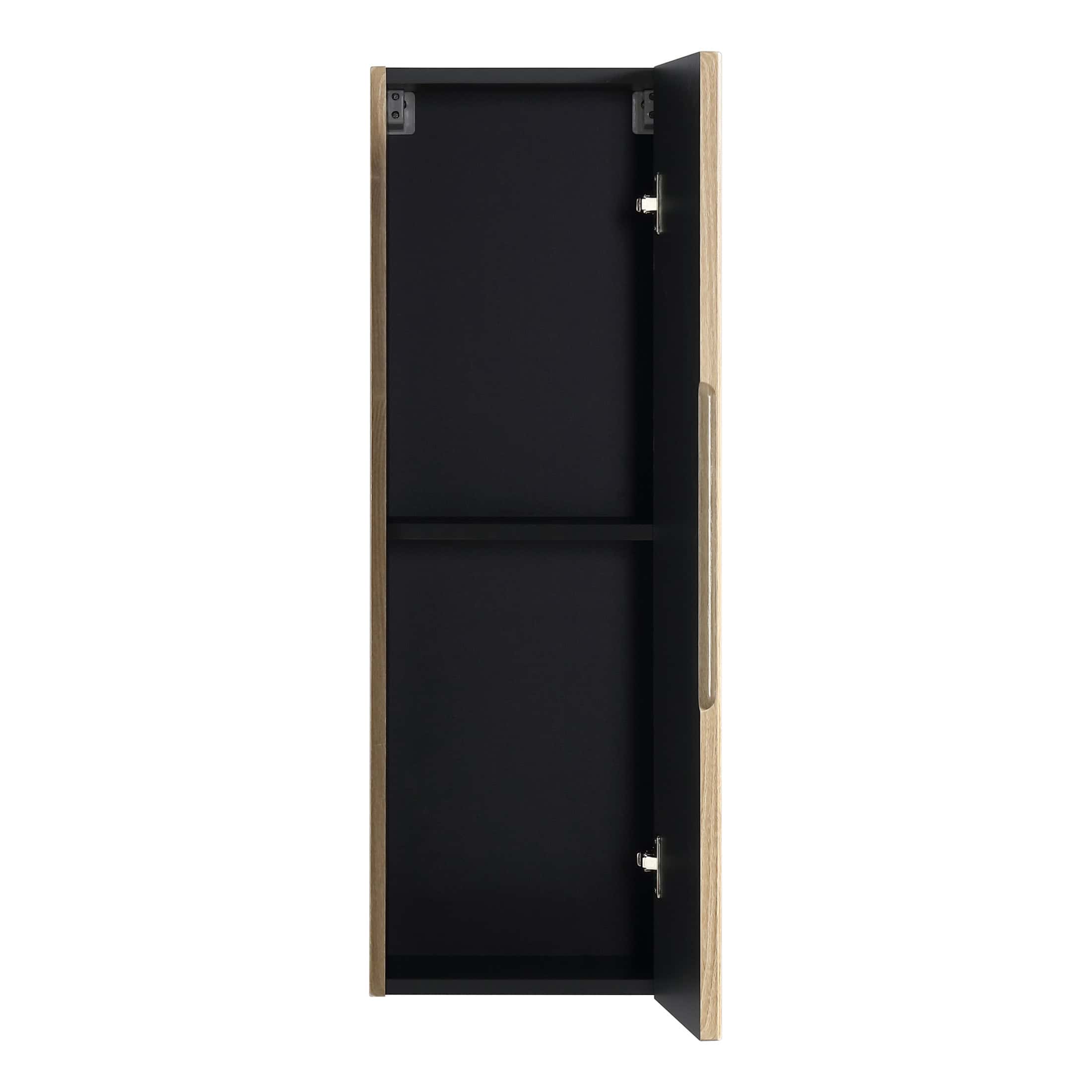 Sleek black bathroom storage cabinet with natural wood accents, ideal for modern bathroom organisation and space-saving solutions. Perfect for storing toiletries and accessories in style.