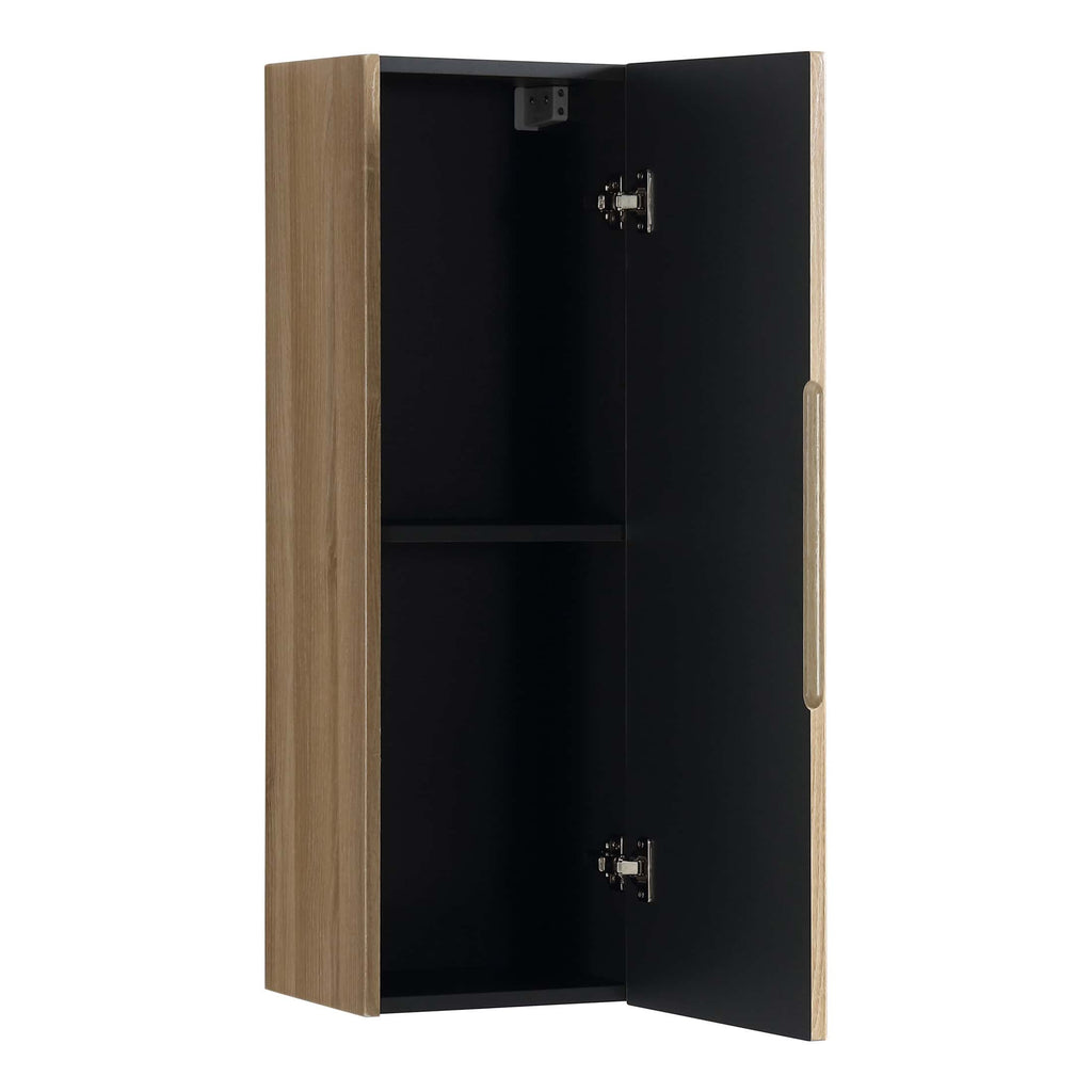 High-quality bathroom storage cabinet with a wood finish and black interior, ideal for organising toiletries and bathroom essentials in modern bathrooms.