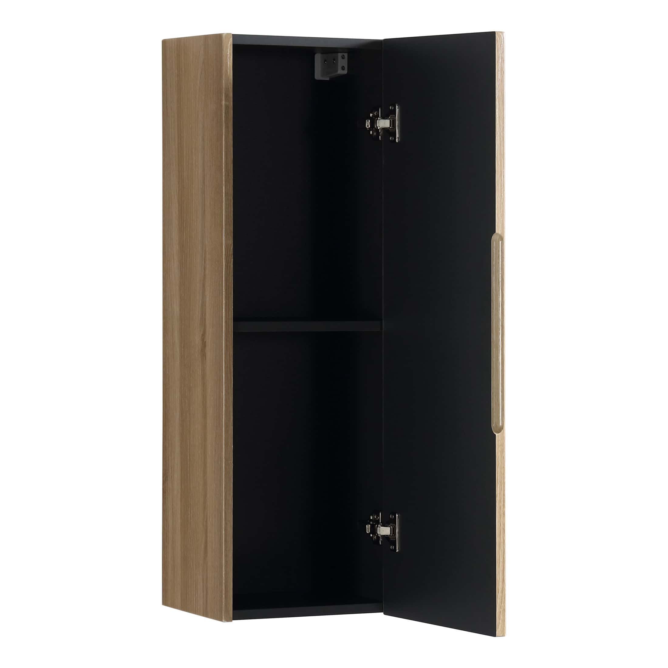 High-quality bathroom storage cabinet with a wood finish and black interior, ideal for organising toiletries and bathroom essentials in modern bathrooms.