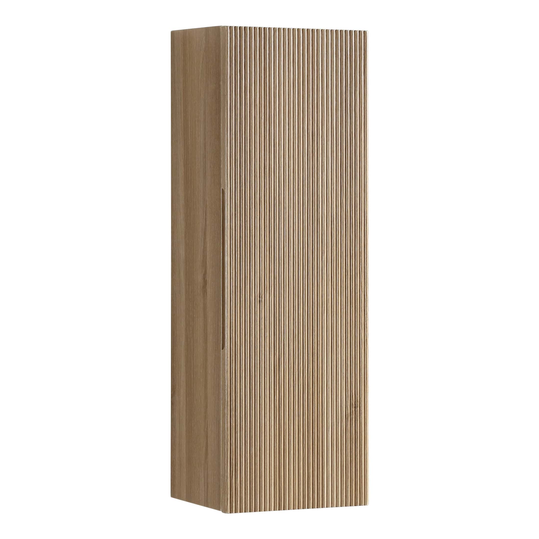 Modern wooden bathroom cabinet with vertical ribbed design, ideal for storage and organisation in contemporary bathrooms.