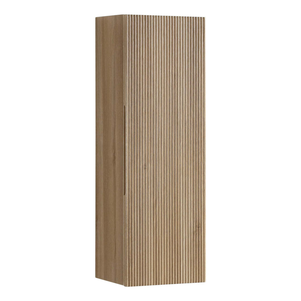 Modern wooden bathroom cabinet with vertical ribbed design, ideal for storage and organisation in contemporary bathrooms.