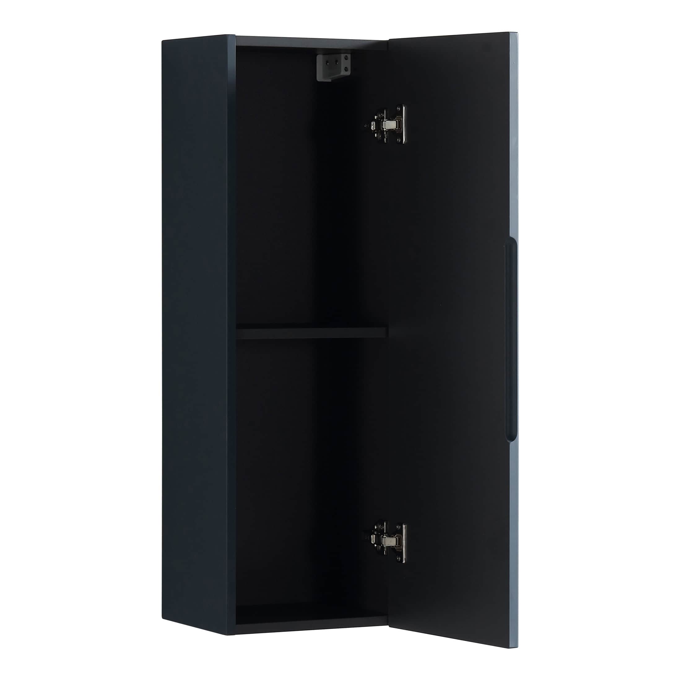 Modern black bathroom wall cabinet with storage shelf and concealed hinges, ideal for organising bathroom essentials and enhancing bathroom decor.