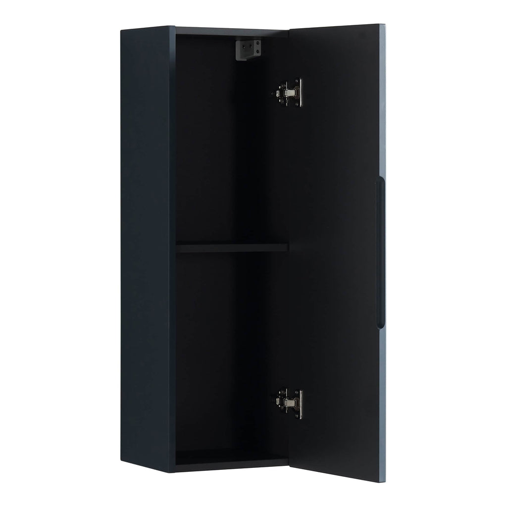 Modern black bathroom wall cabinet with storage shelf and concealed hinges, ideal for organising bathroom essentials and enhancing bathroom decor.