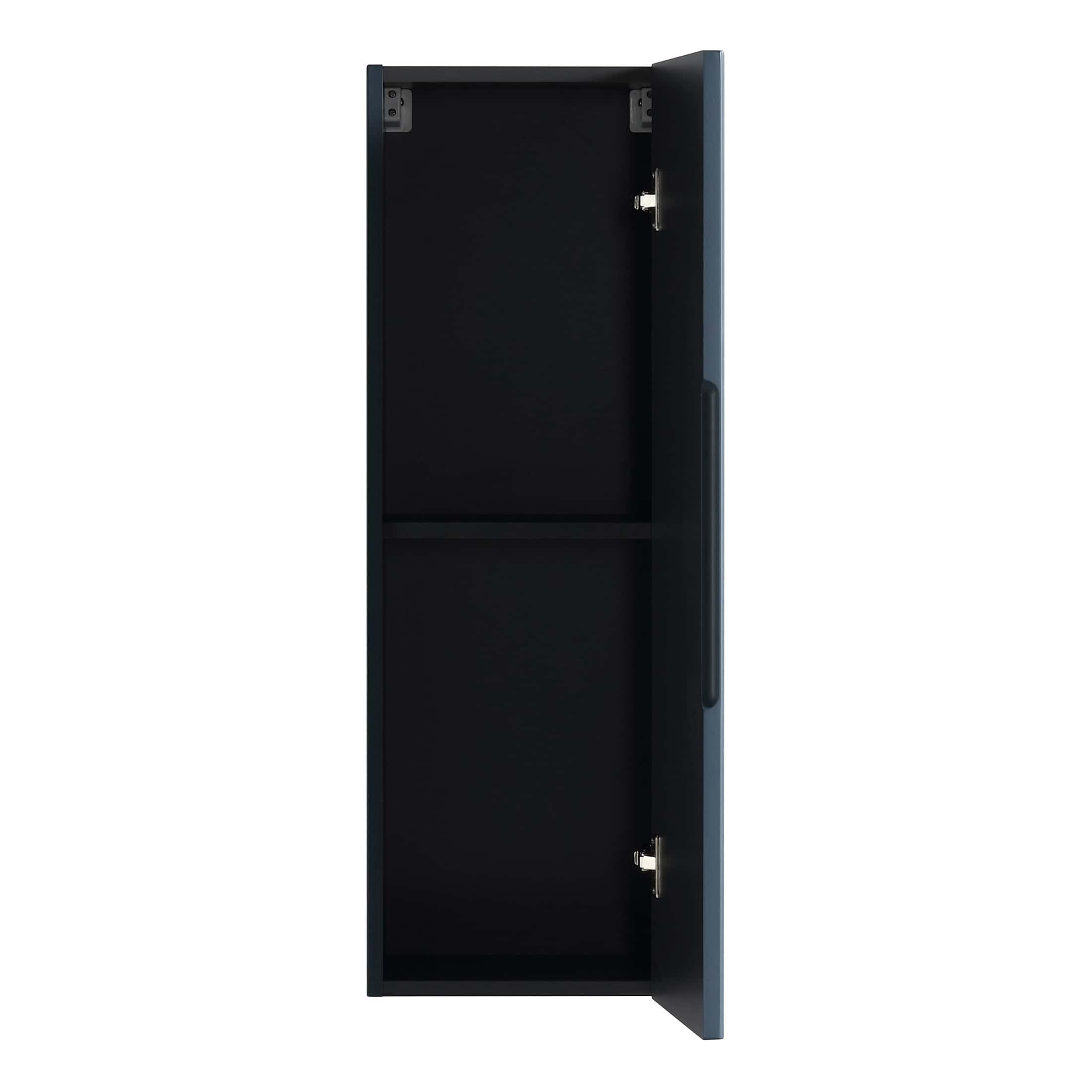 Secure black bathroom storage cabinet with open door, ideal for organising toiletries and bathroom essentials. Sleek and modern design, perfect for contemporary bathrooms.