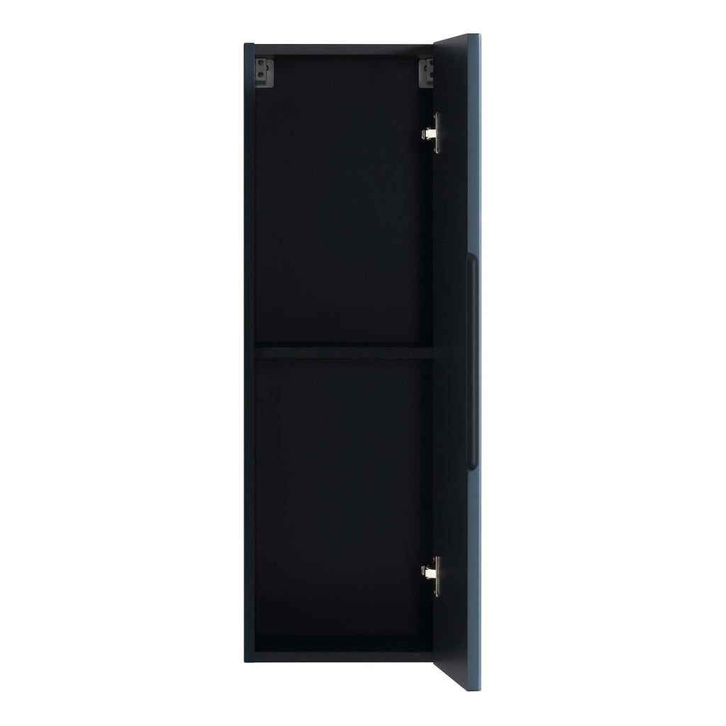 Secure black bathroom storage cabinet with open door, ideal for organising toiletries and bathroom essentials. Sleek and modern design, perfect for contemporary bathrooms.
