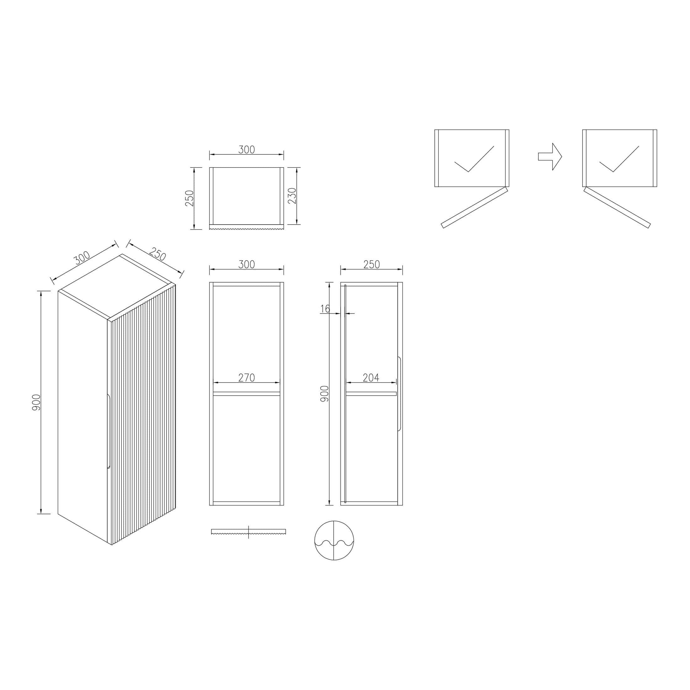 Contemporary bathroom storage cabinet with sleek vertical slats, measured dimensions, and detailed schematics for easy installation and design. Perfect for modern bathroom interiors.