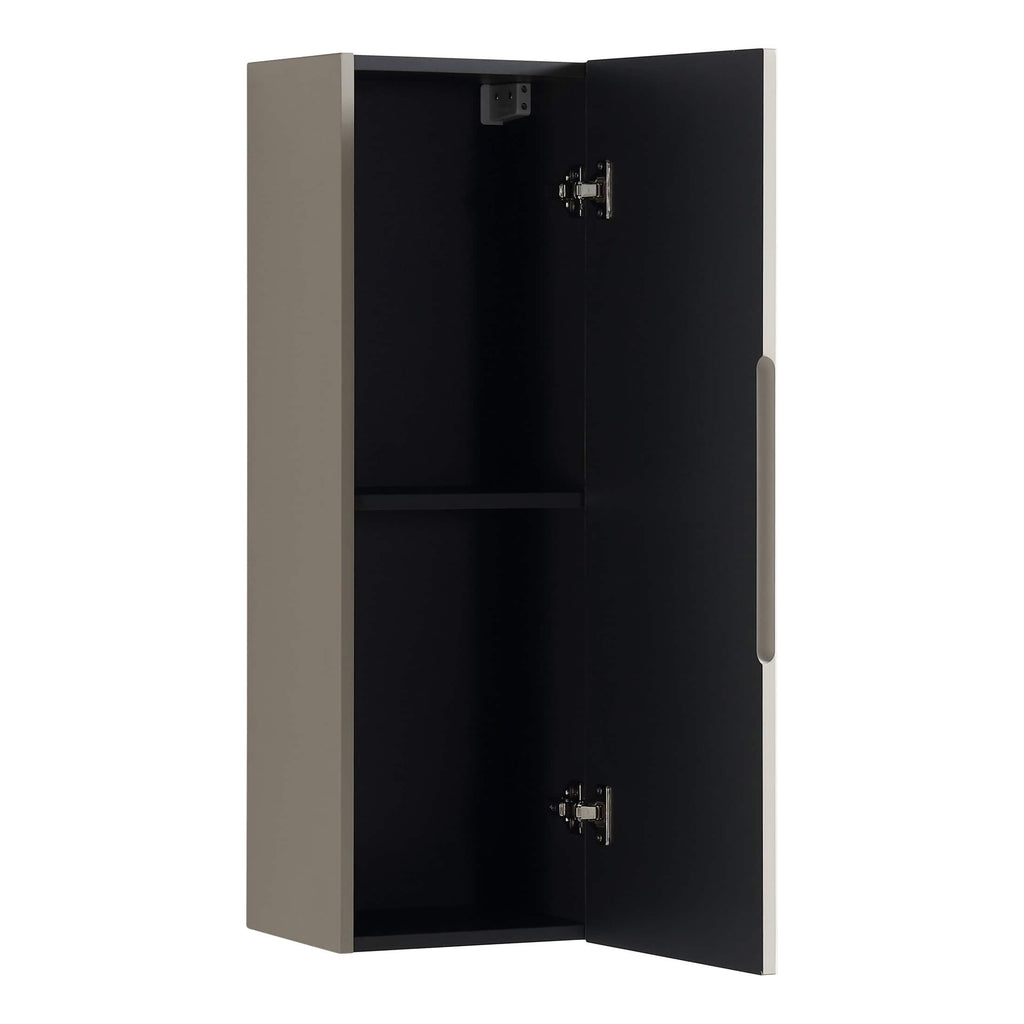Modern bathroom wall cabinet with black interior and grey exterior for bathroom storage solutions.