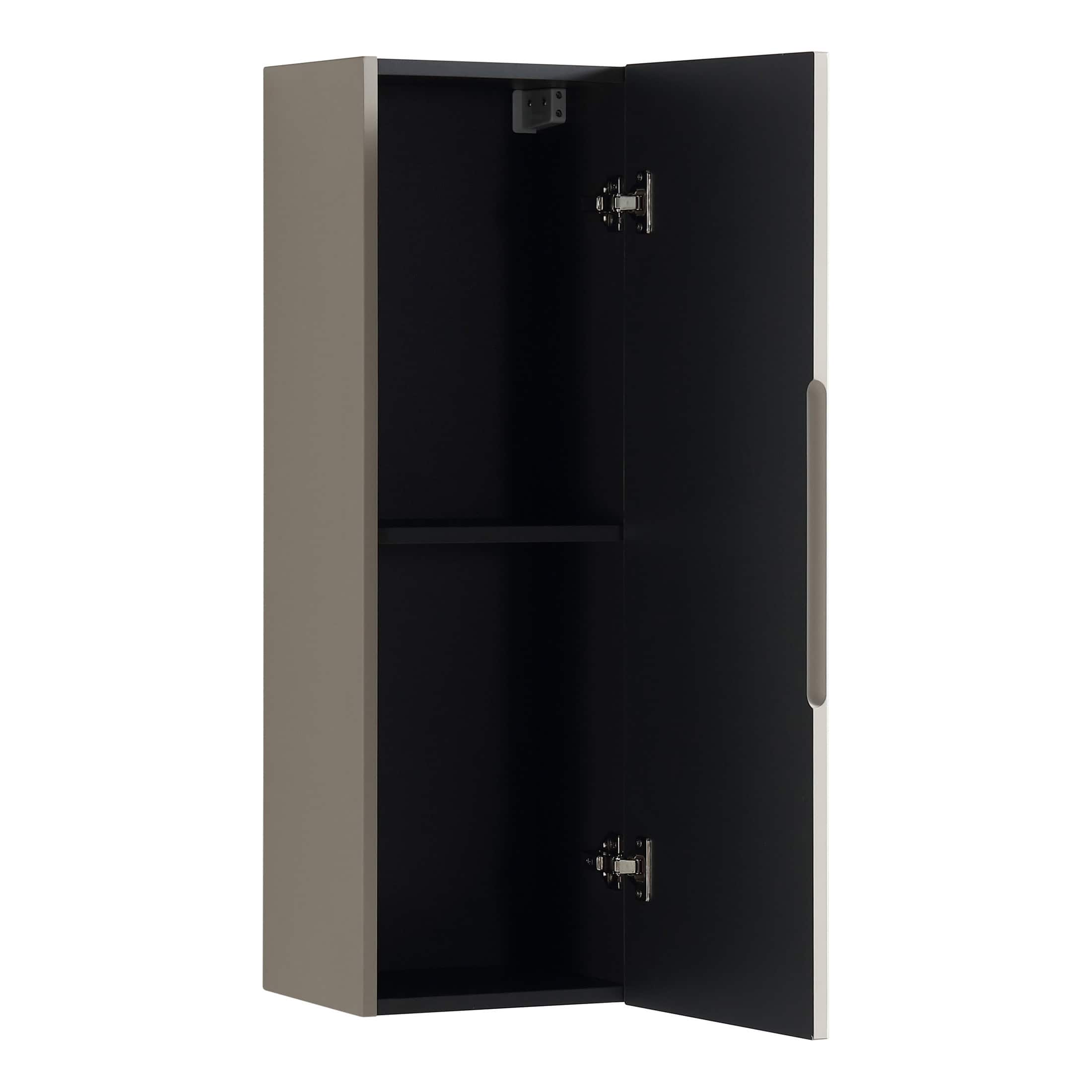 Modern bathroom wall cabinet with black interior and grey exterior for bathroom storage solutions.