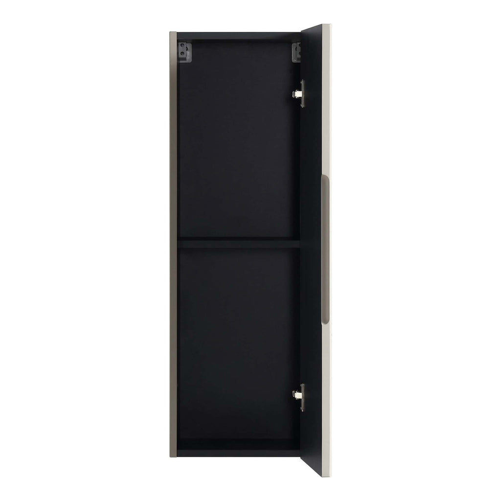 Lockable bathroom wall cabinet with black interior, stainless steel handle, and secure locking mechanism for bathroom storage. Perfect for keeping toiletries organised and hidden.