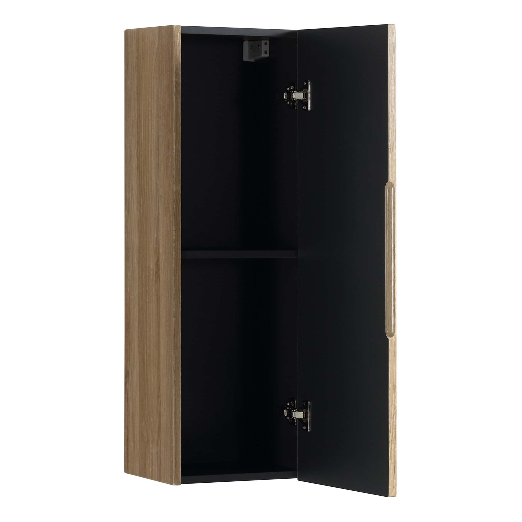 Lockable bathroom storage cabinet with wooden finish and black interior, ideal for organizing toiletries and bathroom essentials, provides security and style for modern bathrooms.