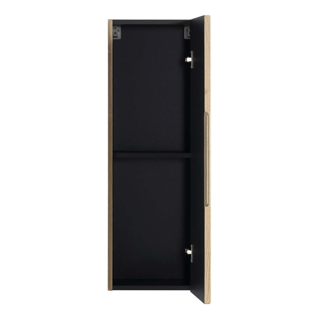 Stunning modern bathroom cabinet with natural wood frame and black interior, ideal for stylish bathroom storage solutions. Perfect for a contemporary and minimalist bathroom design.