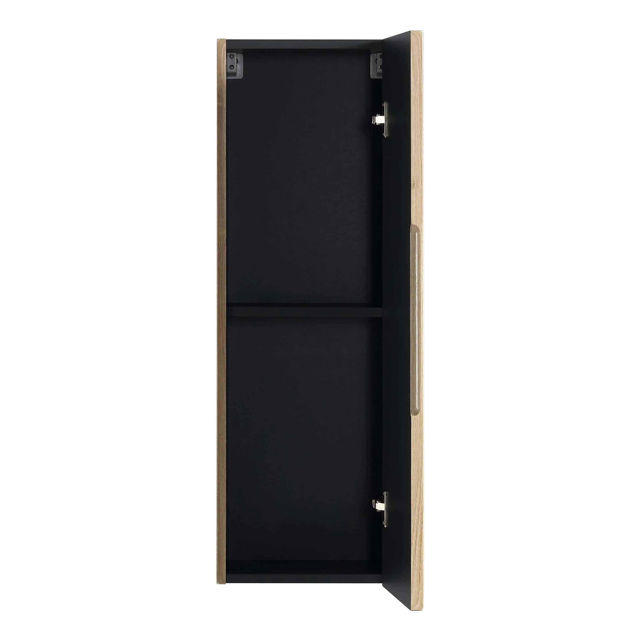 Stunning modern bathroom cabinet with natural wood frame and black interior, ideal for stylish bathroom storage solutions. Perfect for a contemporary and minimalist bathroom design.