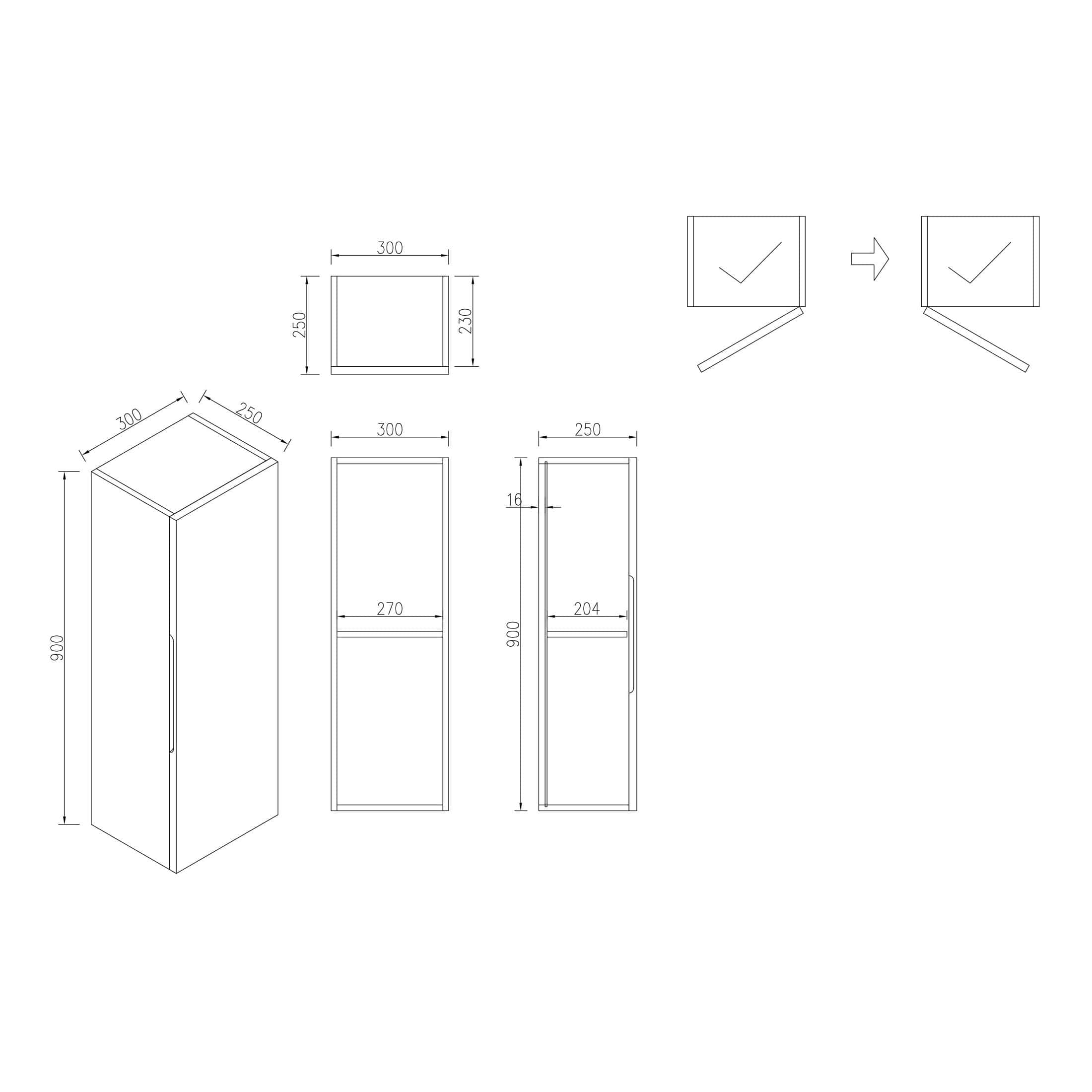 Modern bathroom storage cabinet with detailed technical drawings and assembly instructions, perfect for organising bathroom essentials with stylish design.