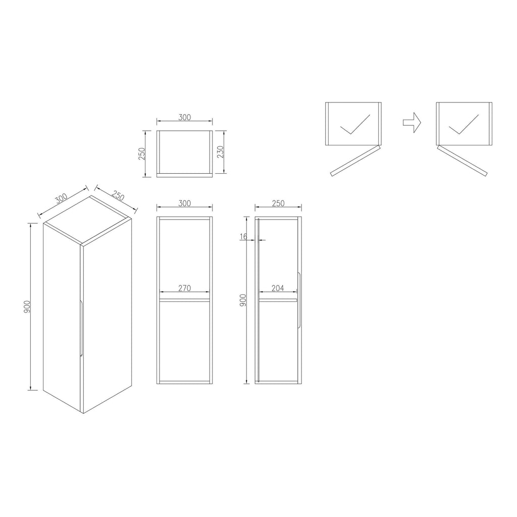 Modern bathroom storage cabinet with detailed technical drawings and assembly instructions, perfect for organising bathroom essentials with stylish design.