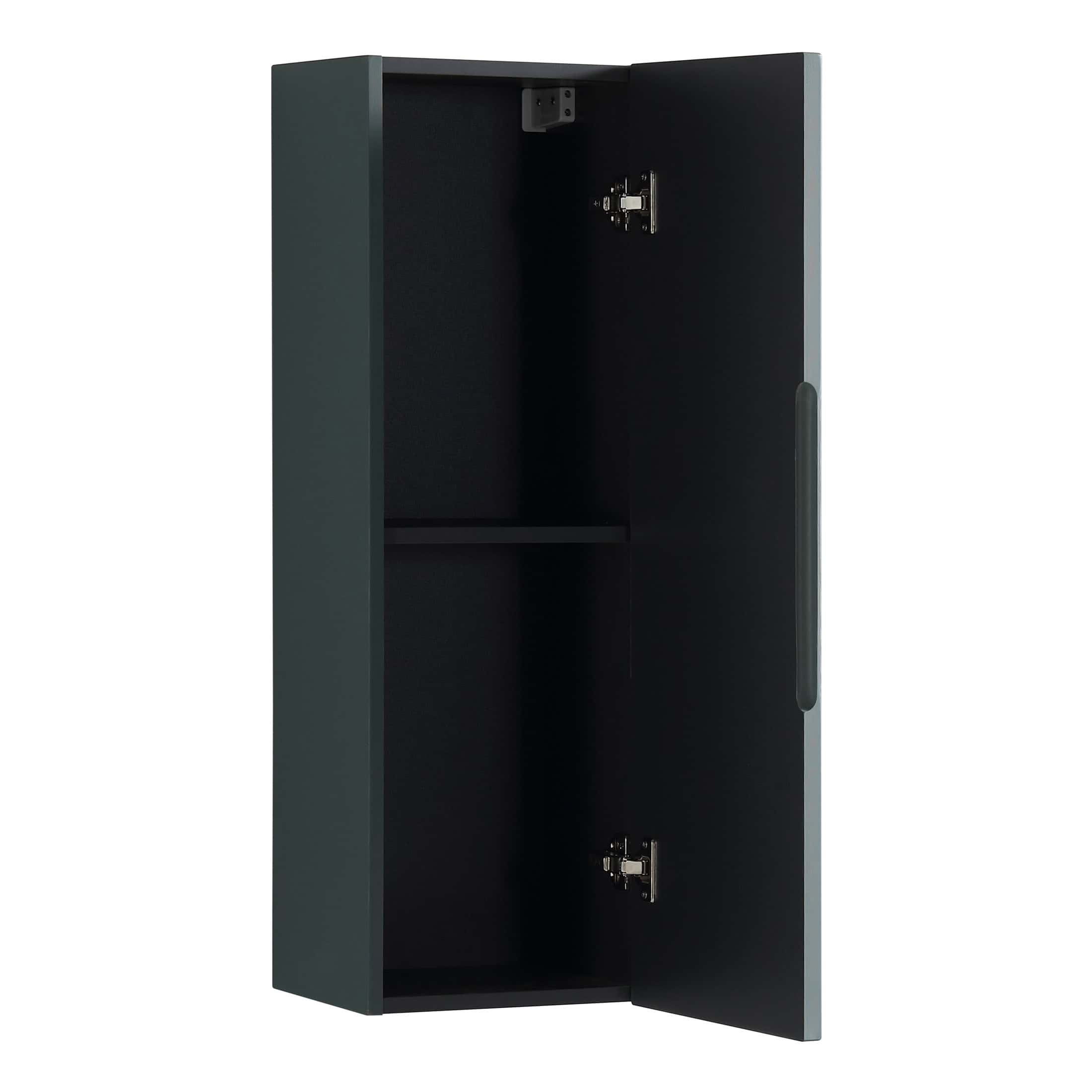 Sleek black bathroom cabinet with open door showcasing storage space, ideal for modern bathrooms, offering functional storage for toiletries and essentials for a tidy, stylish bathroom environment.