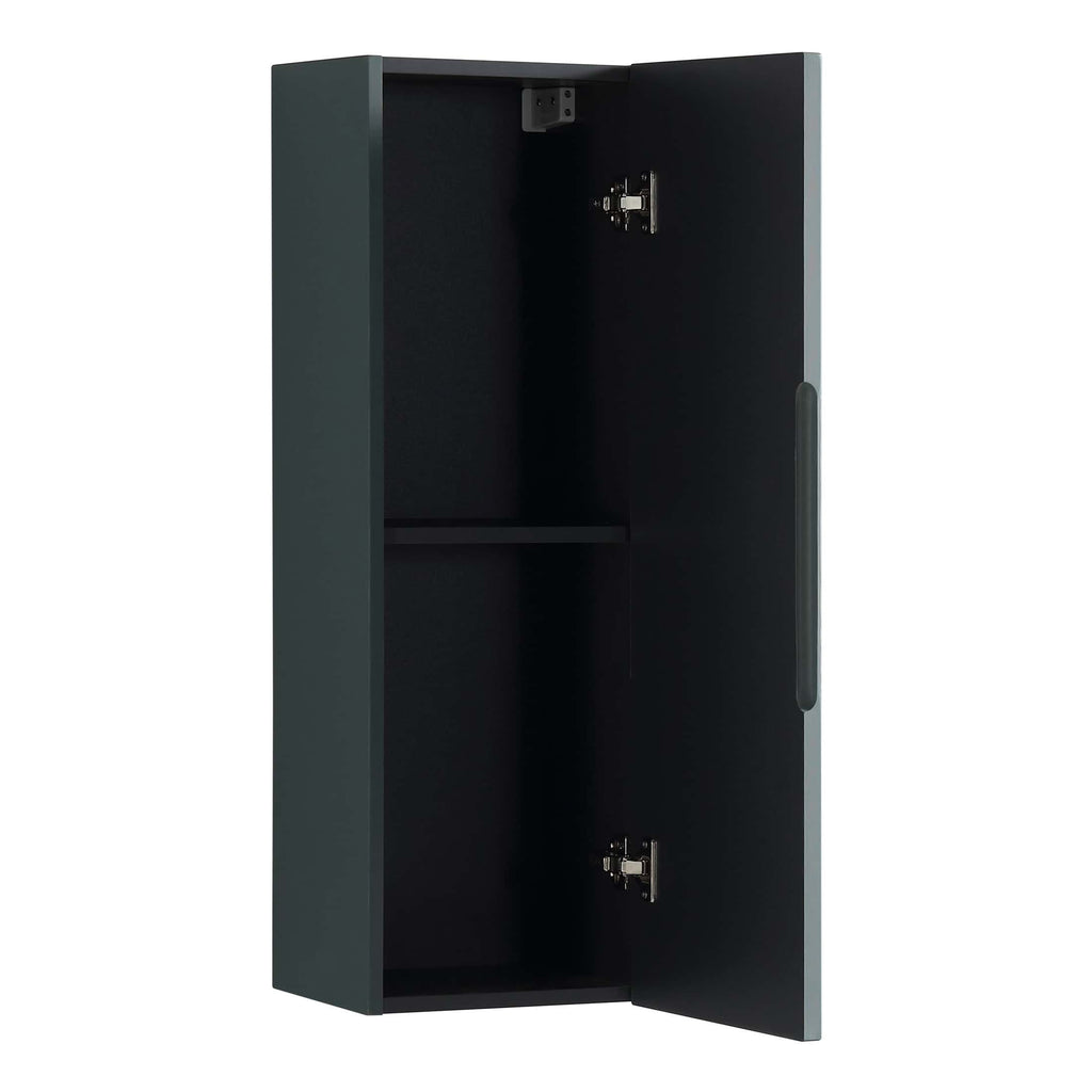 Sleek black bathroom cabinet with open door showcasing storage space, ideal for modern bathrooms, offering functional storage for toiletries and essentials for a tidy, stylish bathroom environment.