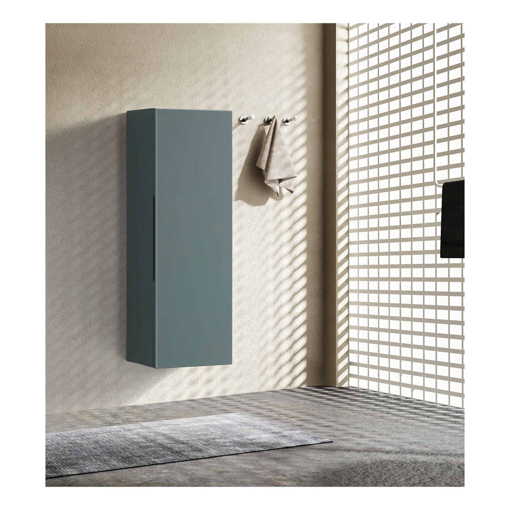 Sleek blue bathroom cabinet with modern chrome hooks, minimalist design, and soft neutral tones, perfect for contemporary bathroom storage and organisation.