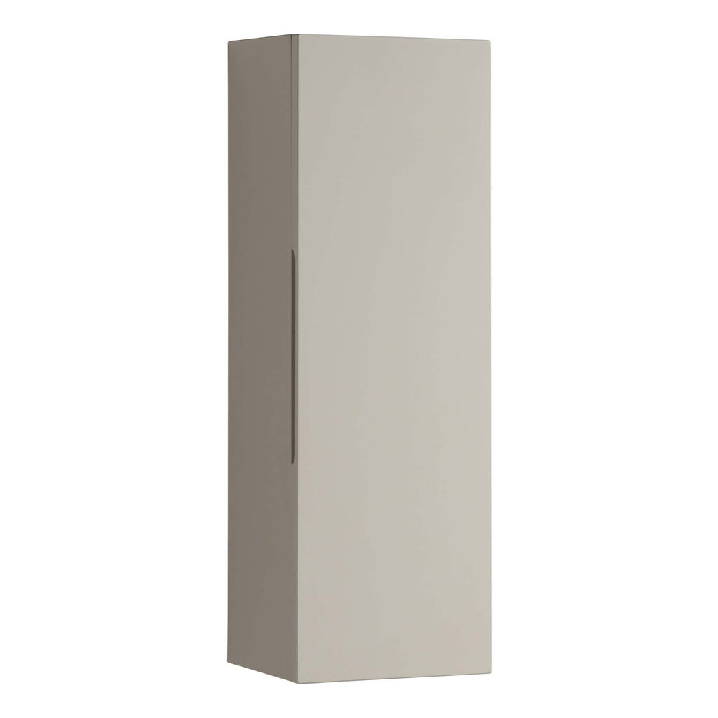 Sleek beige bathroom tall storage cabinet with minimalist design and vertical handle for modern bathroom organisation.